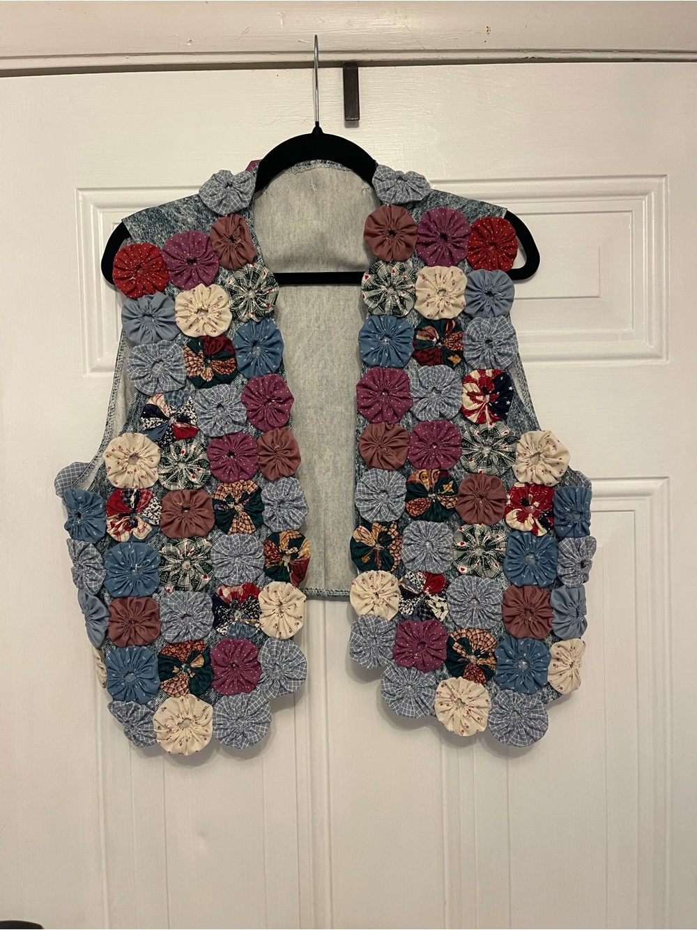 Handmade Floral Yo-Yo Patchwork Vest in Blue, Cream, Mauve